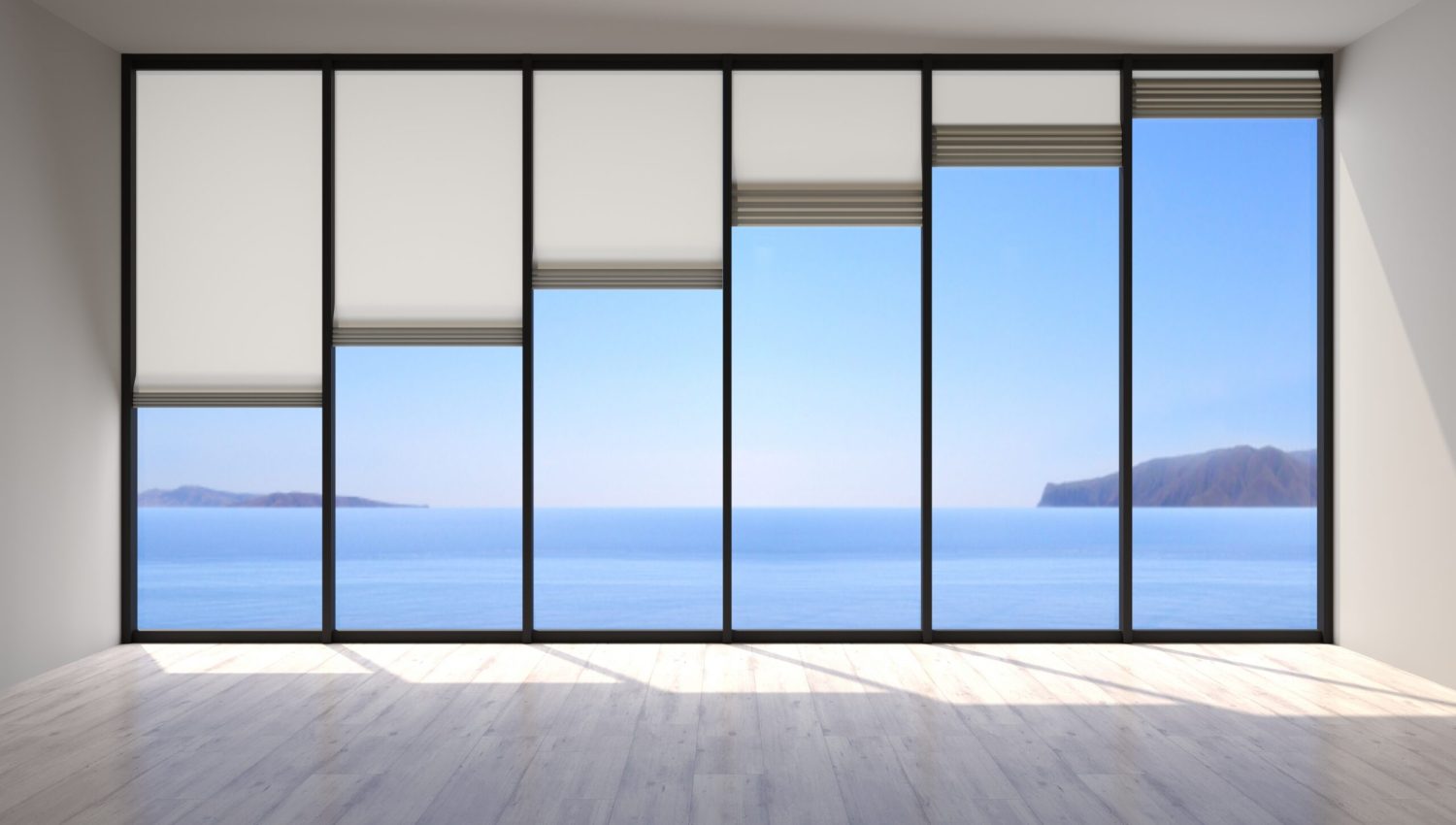 3d,Illustration.,Glass,Wall,Of,The,Room,With,Roller,Blinds.